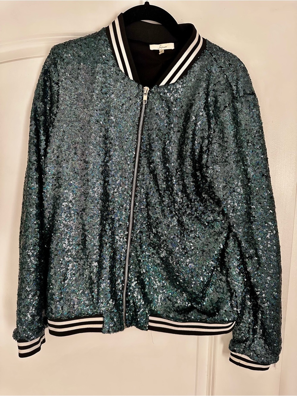Soprano Teal Sequin Bomber Jacket with Stripe Trim